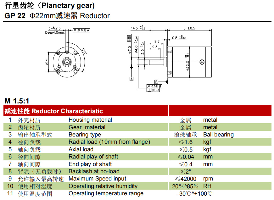 行星减速箱YJ motor GP22